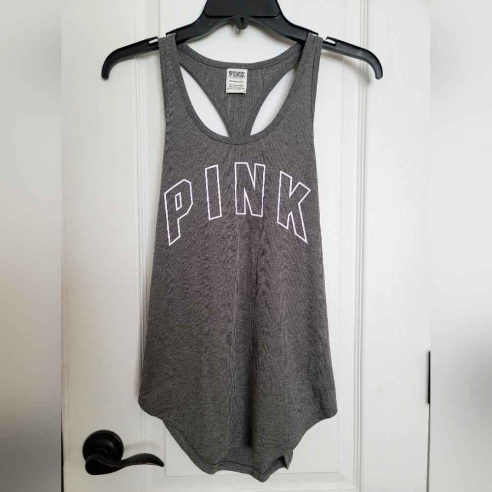 PINK Victoria's Secret Grey Ribbed Racer Back Tank Top | Size XS | Like New